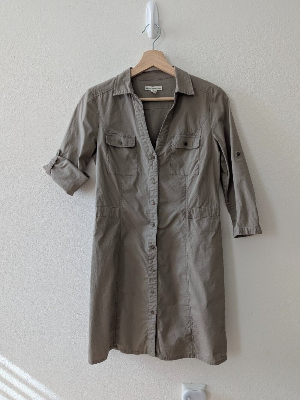 Mango S Taupe Cotton Utility Shirt Dress 3/4 Roll Tab Sleeves